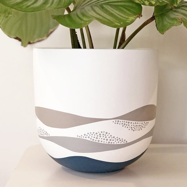 Small Plant Pot with our High Tide Design in Midnight Blue, Grey and Oatmeal